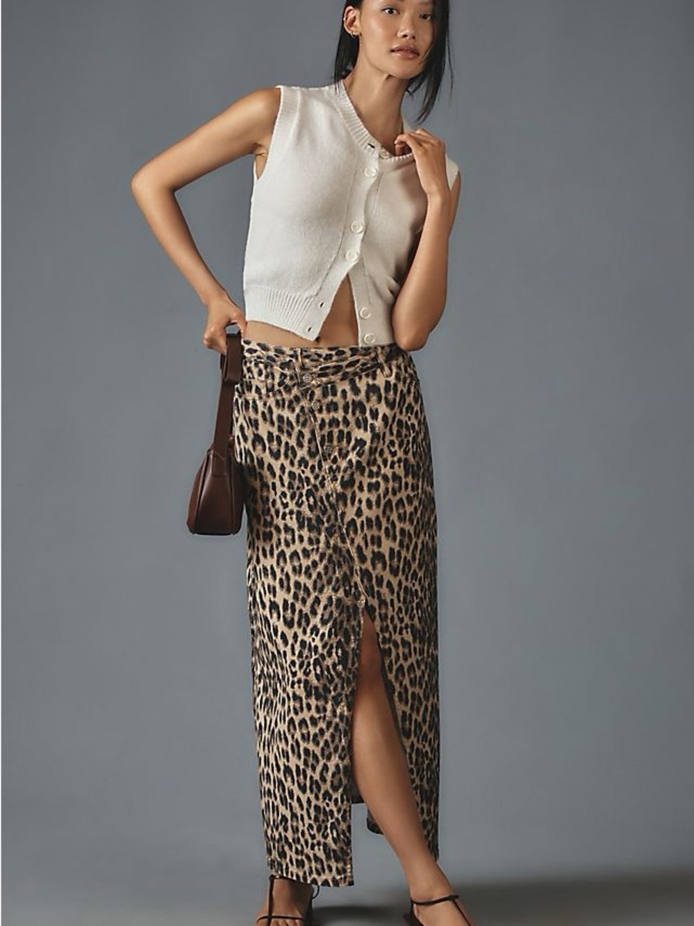 Leopard Print Midi Skirt with Center Slit - Brown/Black